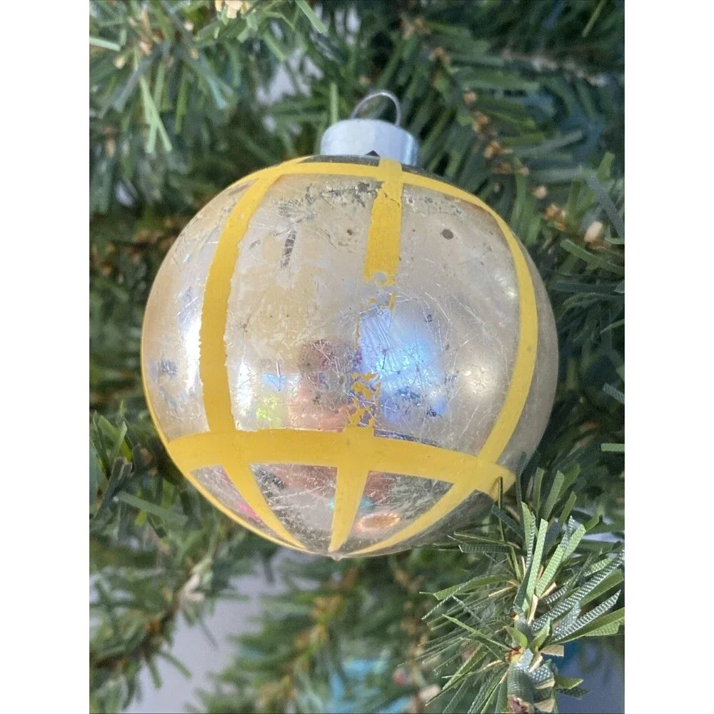 Vintage Glass Christmas Ornament Silver Ball Geometric Yellow Stripes Holiday